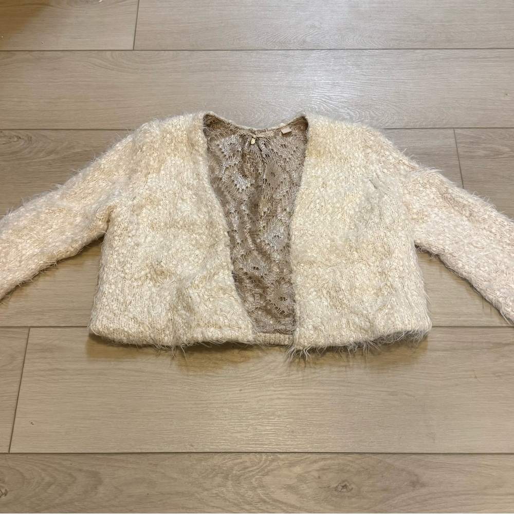Anthropologie Cream Textured Open-Front Sweater